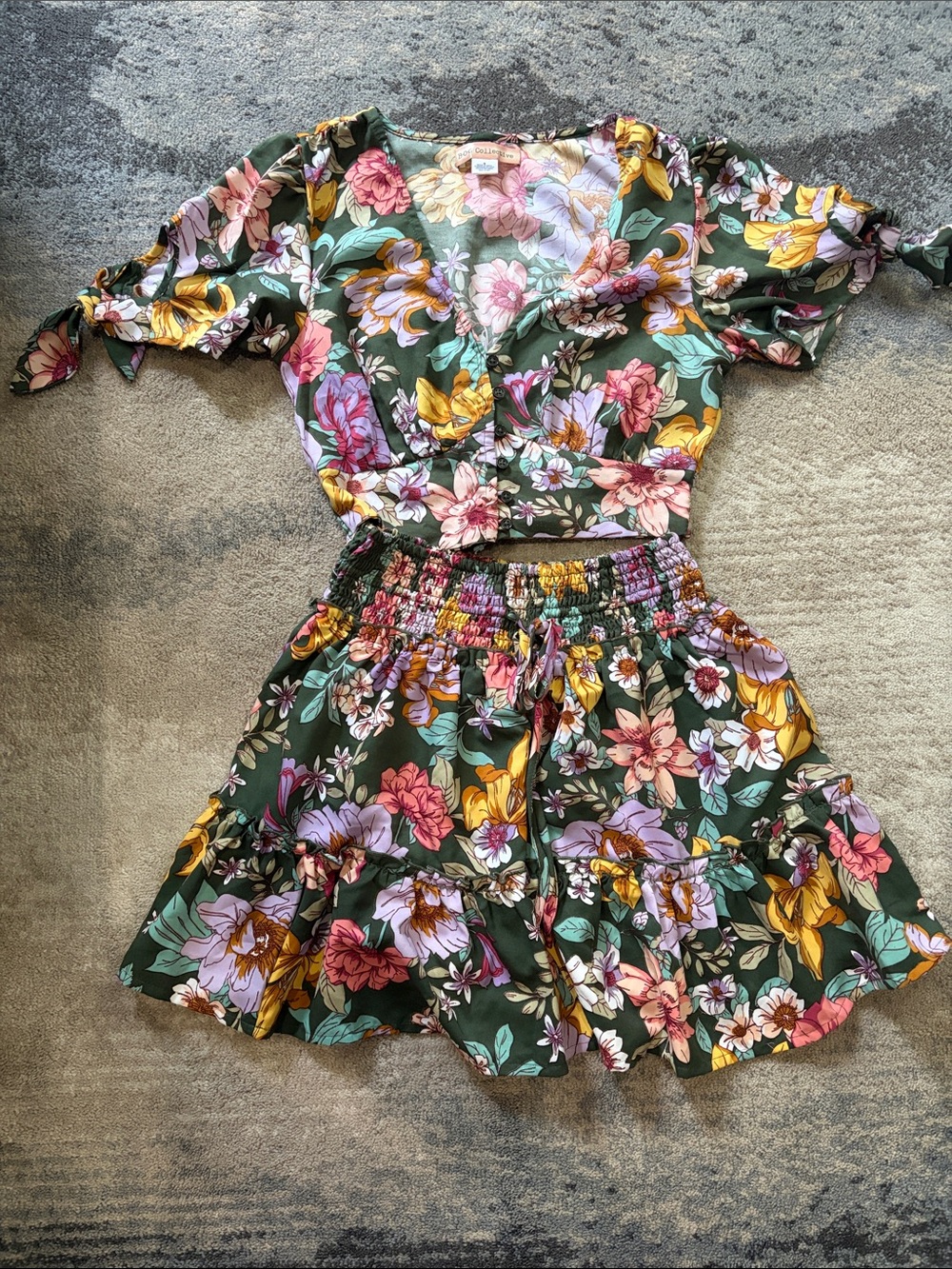 Big Collective Floral Two-Piece Crop Top & Skirt Set in Olive Green